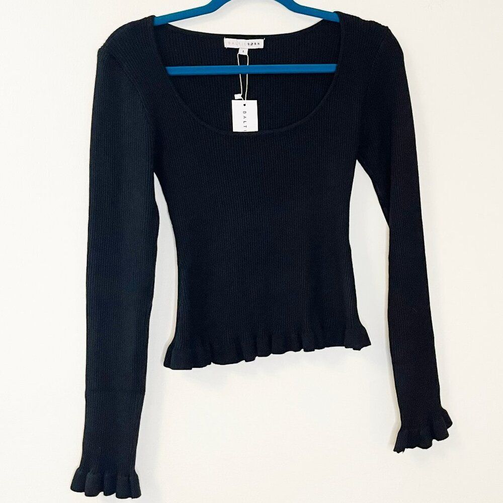 Baltic Born Tayla Knit Black Fitted Ribbed Long Sleeve Crop NWT Size Large